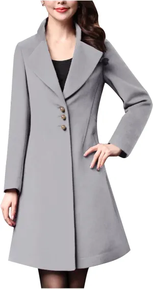 Womens Trench Coat Double Breasted Mid Long Pea Coat Notch Lapel Open Front Wool Blend Overcoat Winter Outwear