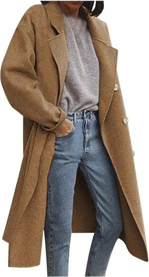 Womens Trench Coat Fall Winter Wool Coats Notch Lapel Double Breasted Oversized Midi Peacoat Trench Coats