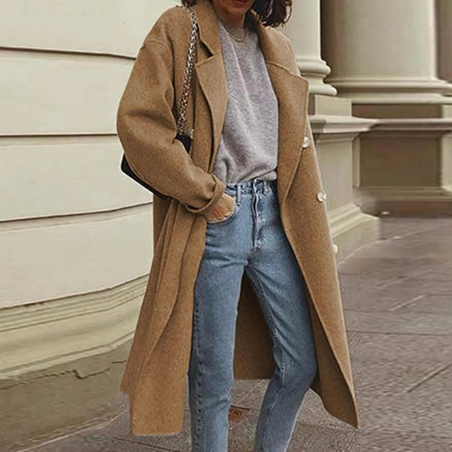 Womens Trench Coat Fall Winter Wool Coats Notch Lapel Double Breasted Oversized Midi Peacoat Trench Coats
