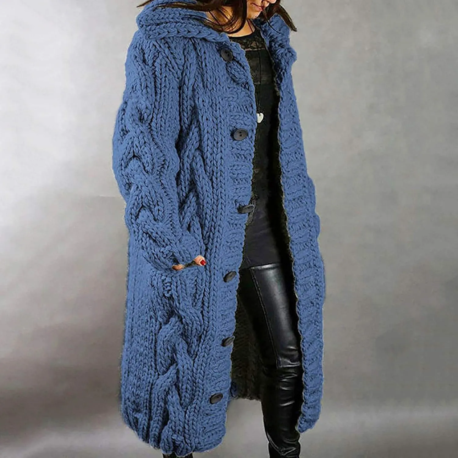 Women's Trench Coat Large Women Pocket Sweater Breasted Cardigan Hood Sleeves Women's Coat Woman Coat Wool Coats for