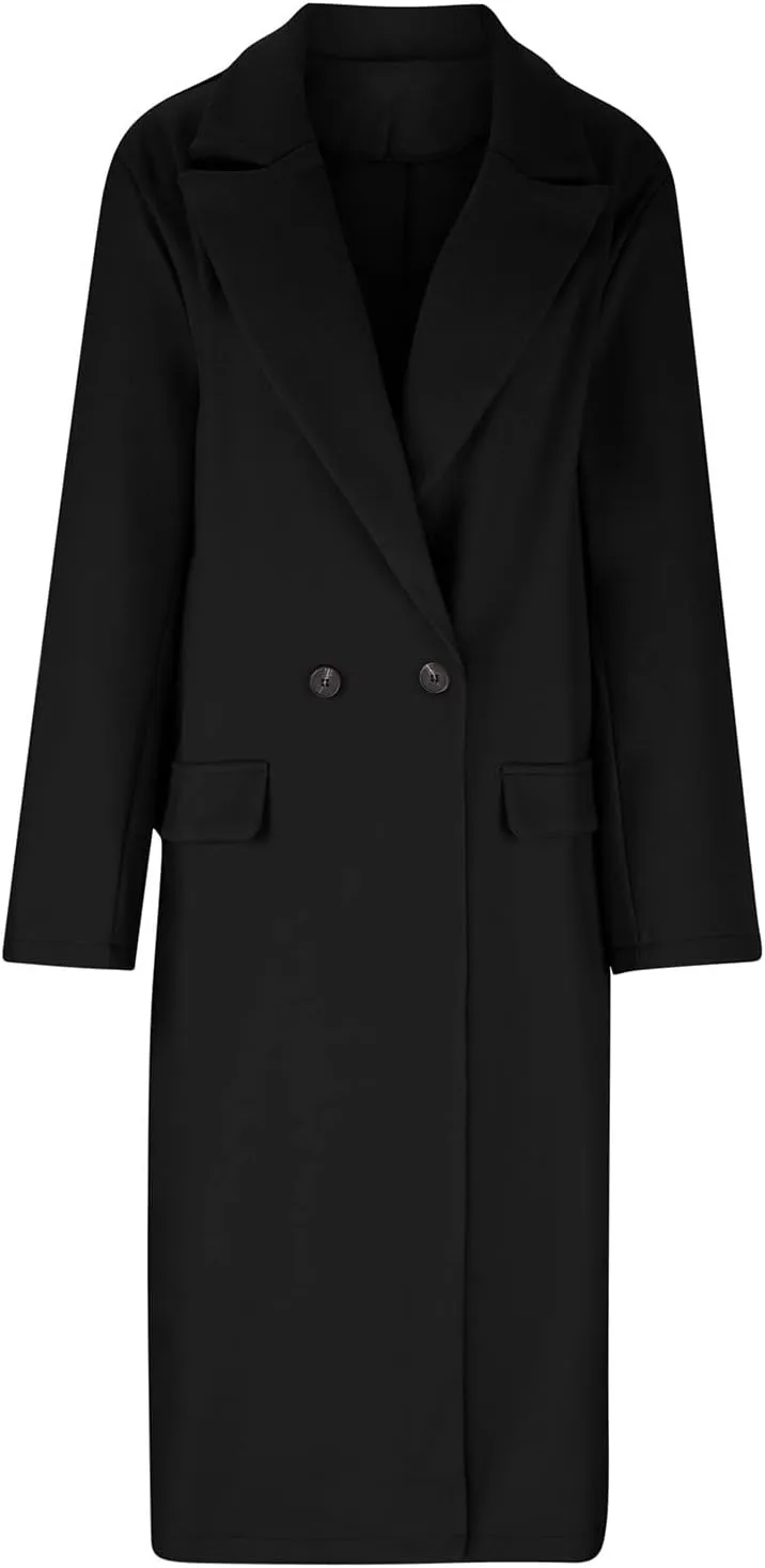 Womens Trench Coat Mid Length Notched Lapel Collar Double Breasted Pea Coat Wool Blend Winter Over Coats Jackets