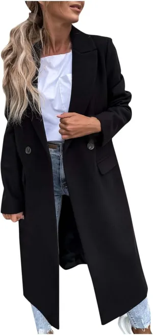 Womens Trench Coat Mid Length Notched Lapel Collar Double Breasted Pea Coat Wool Blend Winter Over Coats Jackets