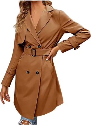 Womens Trench Coat Mid Long Retro Double-Breasted Winter Outwear Classic Lapel Overcoat Solid Slim Outerwear 2024