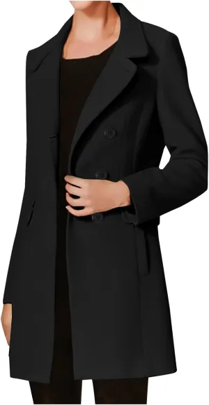 Womens Trench Coats 2024 Notch Lapel Mid-Long Open Front Pea Coat Wool Blend Warm Winter Jackets With Pockets