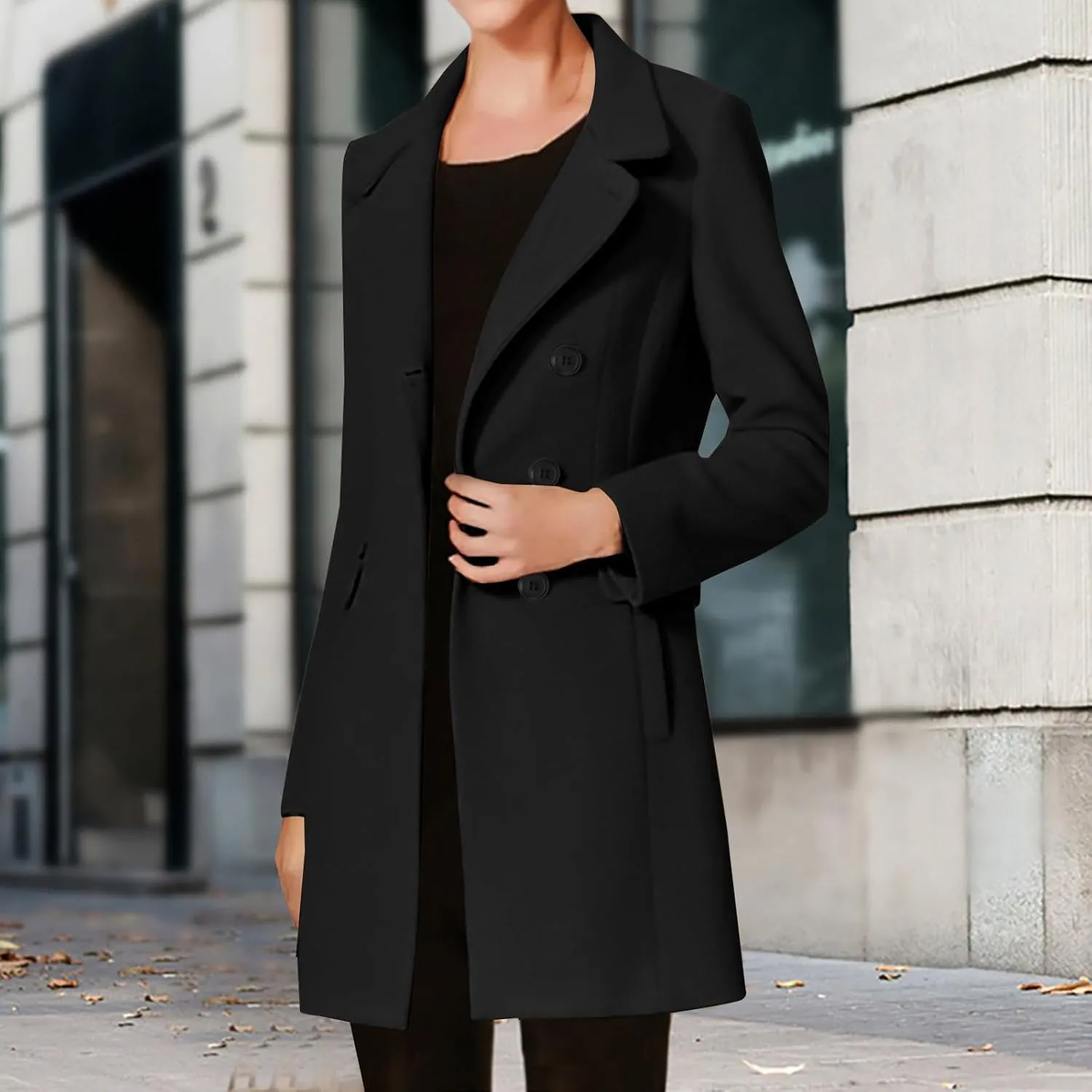 Womens Trench Coats 2024 Notch Lapel Mid-Long Open Front Pea Coat Wool Blend Warm Winter Jackets With Pockets