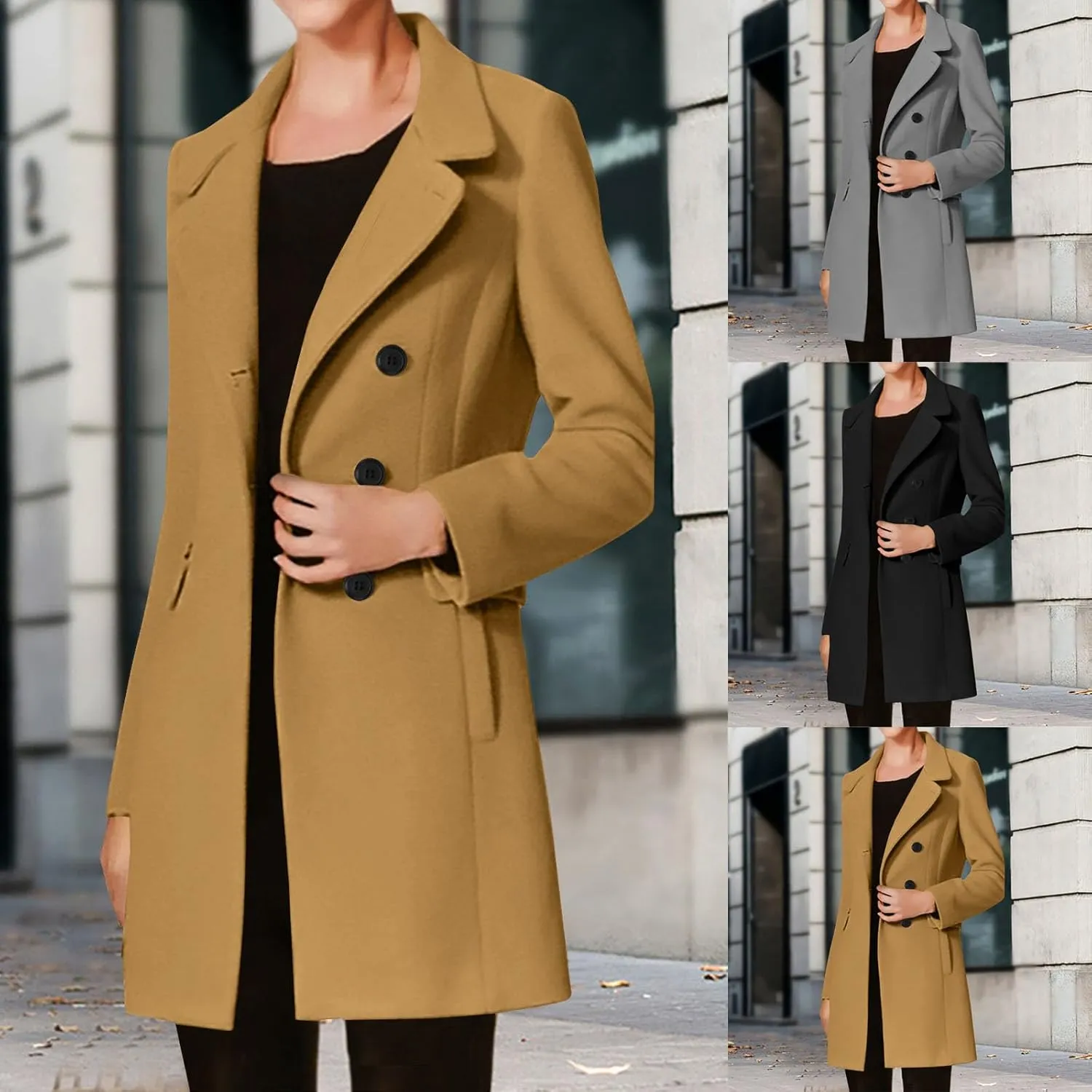 Womens Trench Coats 2024 Notch Lapel Mid-Long Open Front Pea Coat Wool Blend Warm Winter Jackets With Pockets