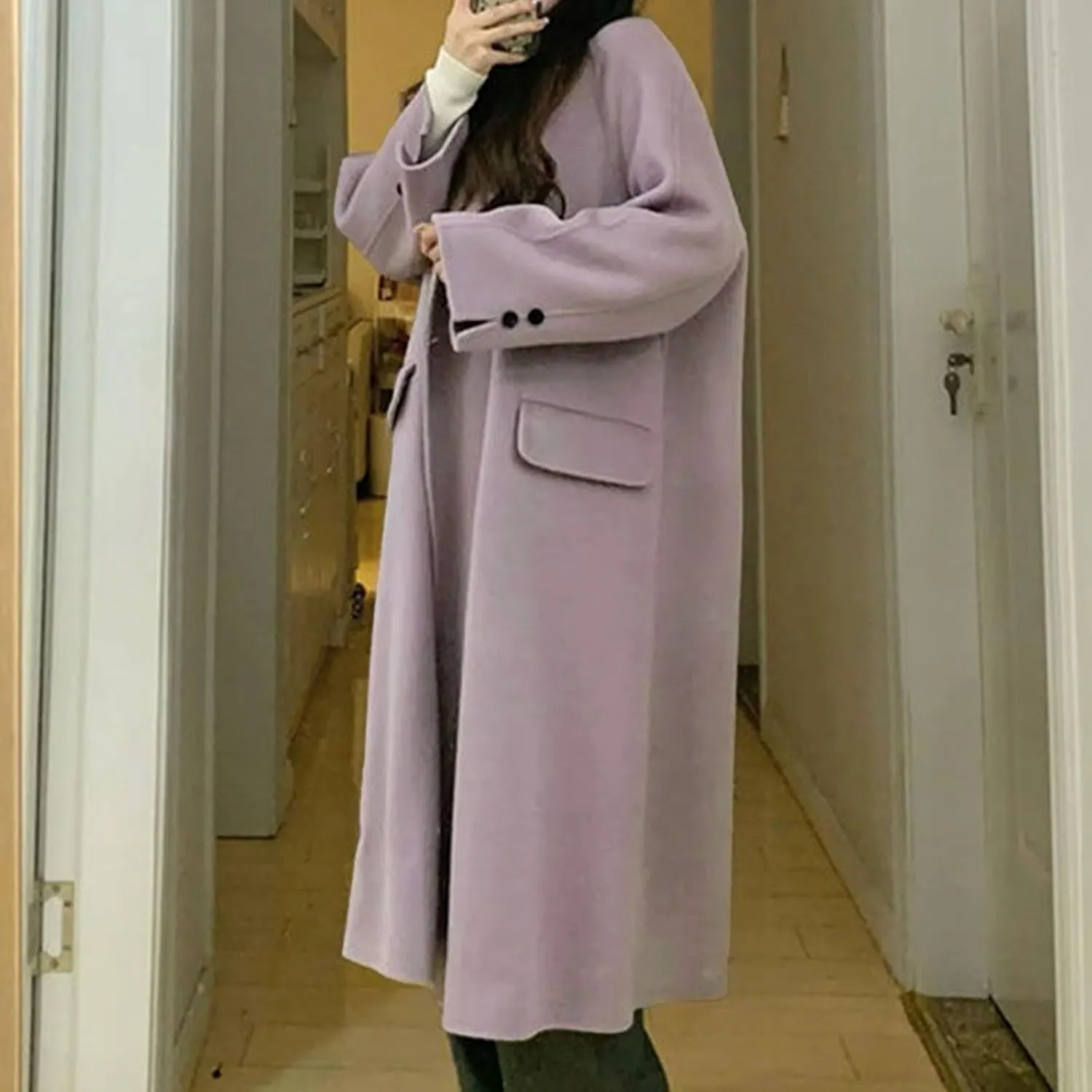 Womens Trench Coats Winter Wool Blend Peacoat Elegant Lapel Collar Double Breasted Overcoat With Pockets