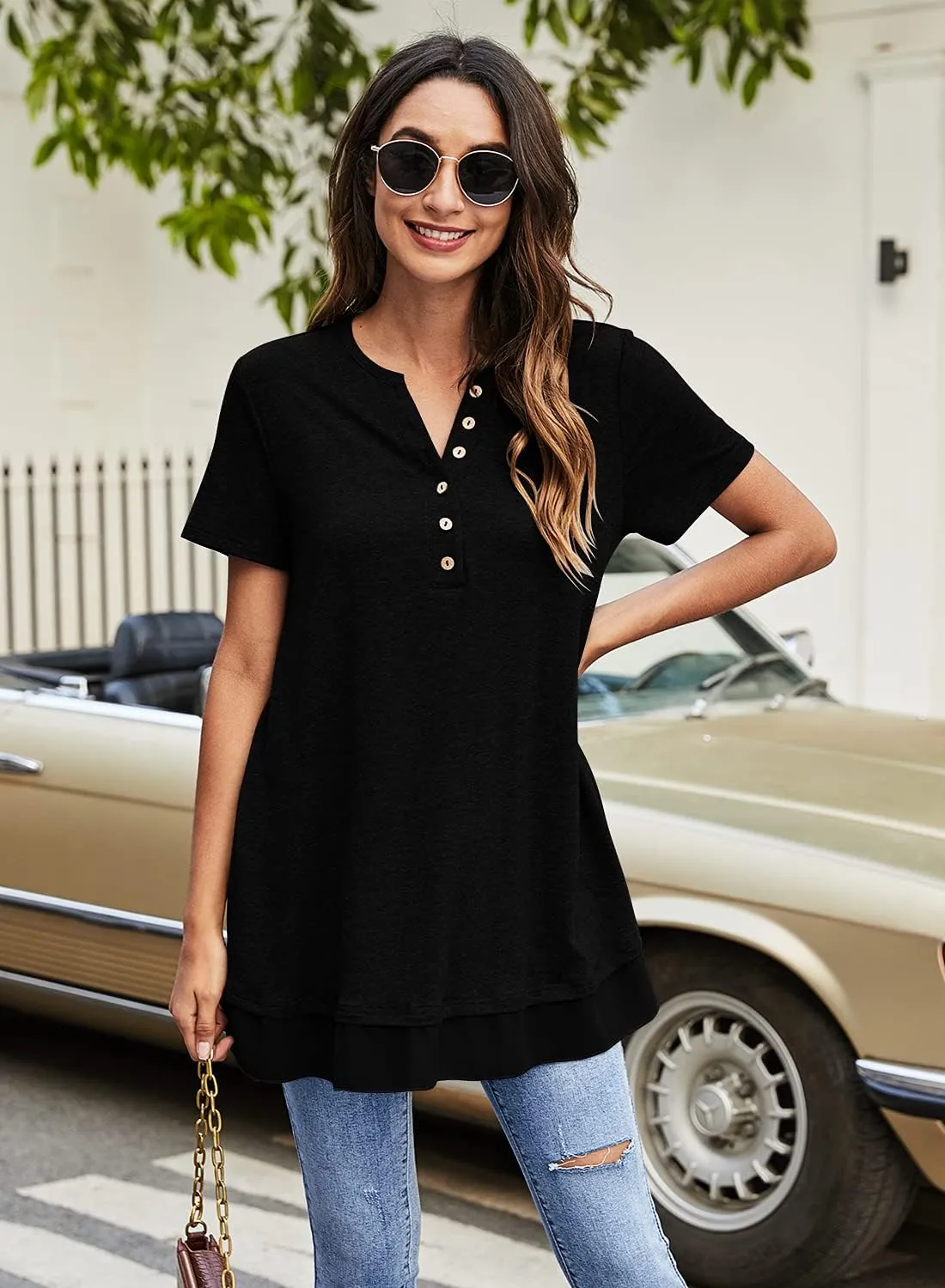 Women's Tunic Tops For Leggings Casual Loose V Neck Buttons Up Blouse With Chiffon Hem
