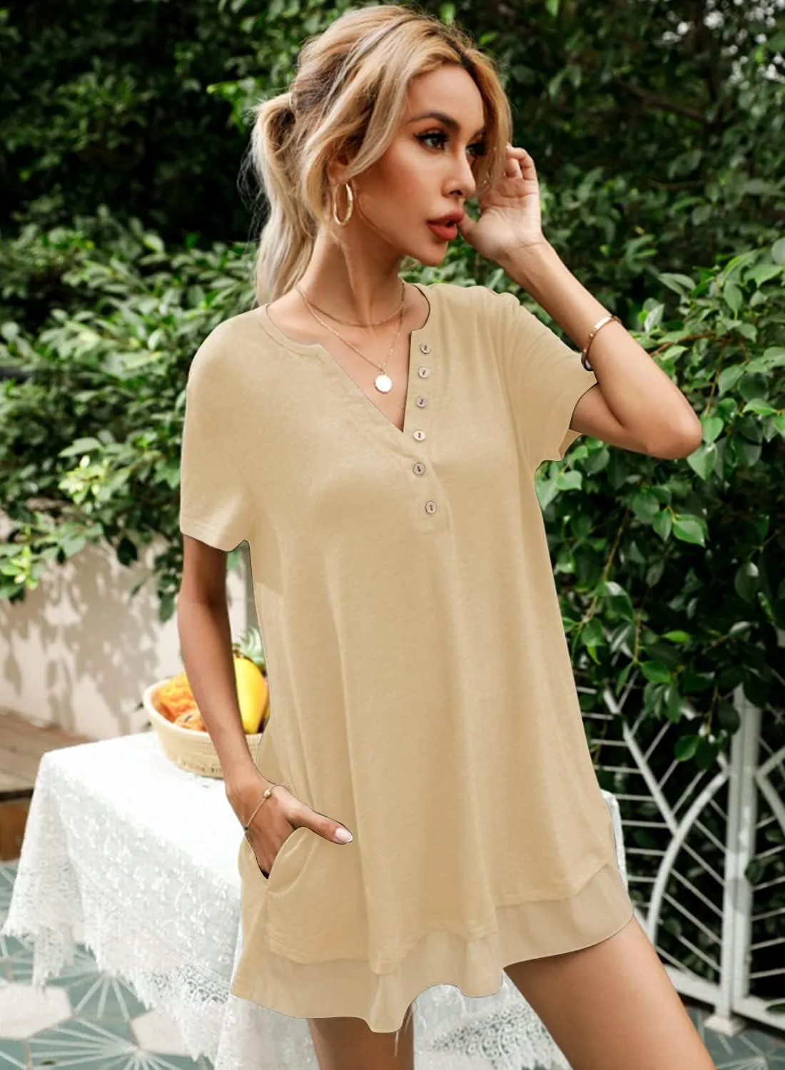 Women's Tunic Tops For Leggings Casual Loose V Neck Buttons Up Blouse With Chiffon Hem