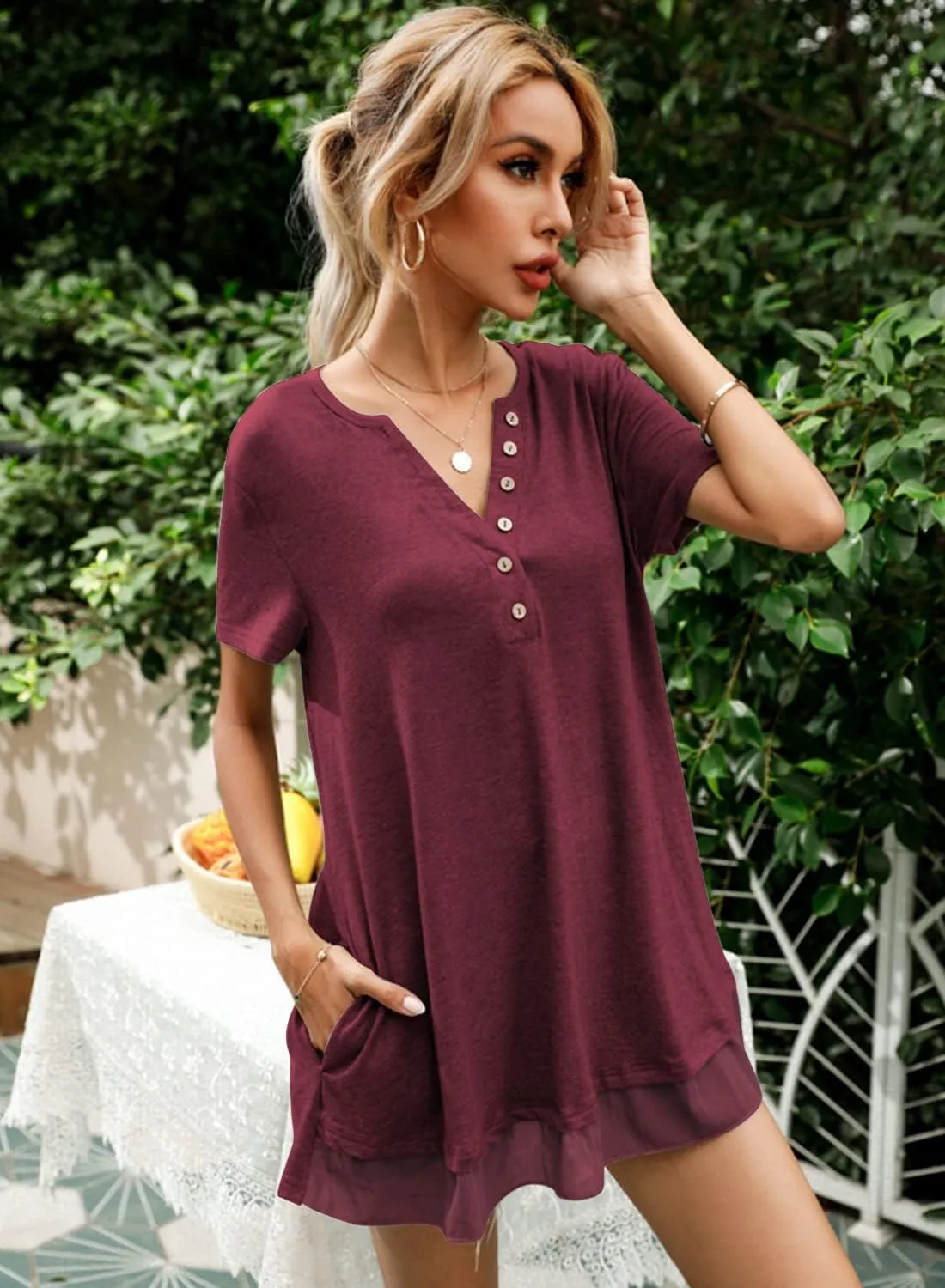Women's Tunic Tops For Leggings Casual Loose V Neck Buttons Up Blouse With Chiffon Hem