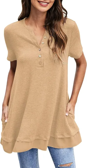 Women's Tunic Tops For Leggings Casual Loose V Neck Buttons Up Blouse With Chiffon Hem