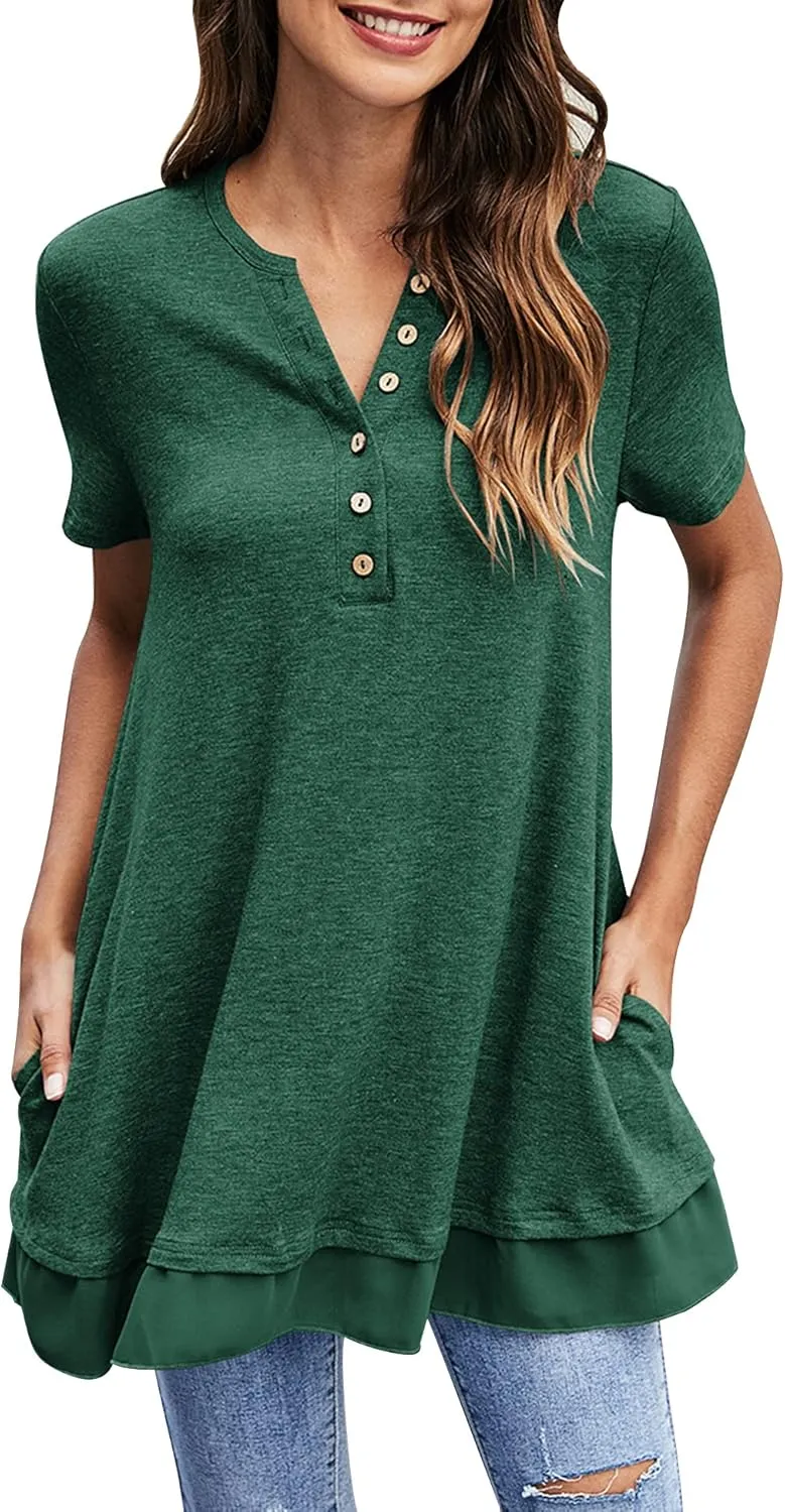 Women's Tunic Tops For Leggings Casual Loose V Neck Buttons Up Blouse With Chiffon Hem