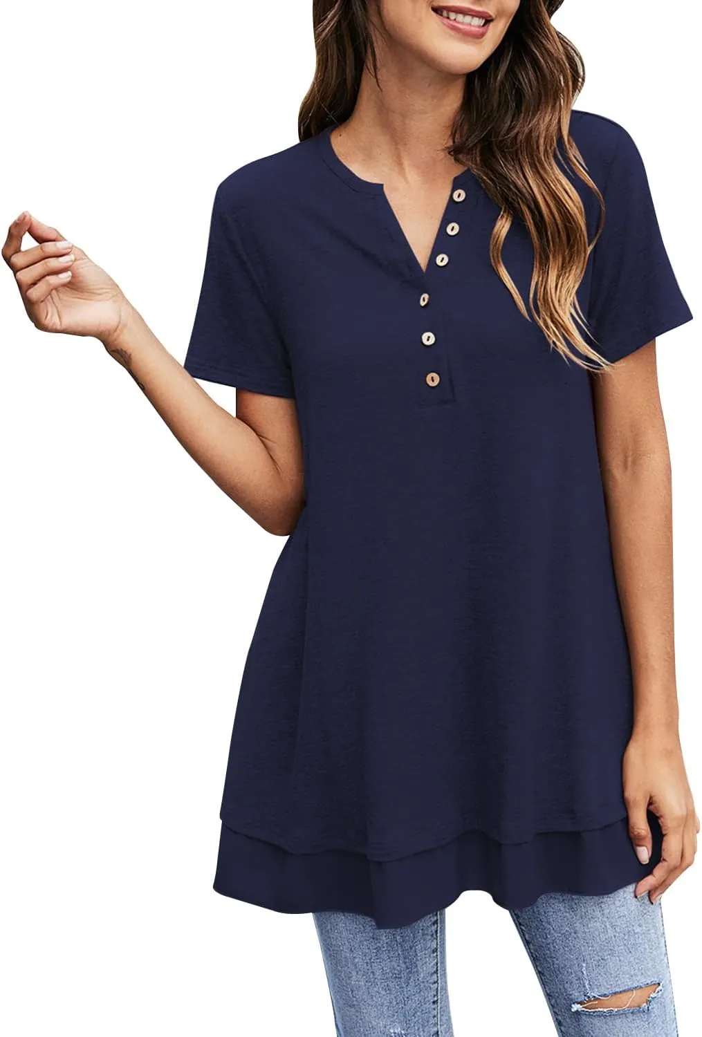 Women's Tunic Tops For Leggings Casual Loose V Neck Buttons Up Blouse With Chiffon Hem