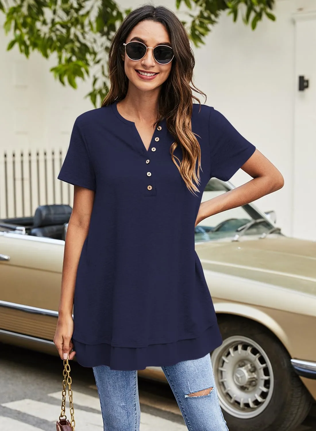 Women's Tunic Tops For Leggings Casual Loose V Neck Buttons Up Blouse With Chiffon Hem