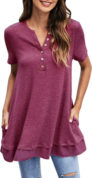 Women's Tunic Tops For Leggings Casual Loose V Neck Buttons Up Blouse With Chiffon Hem