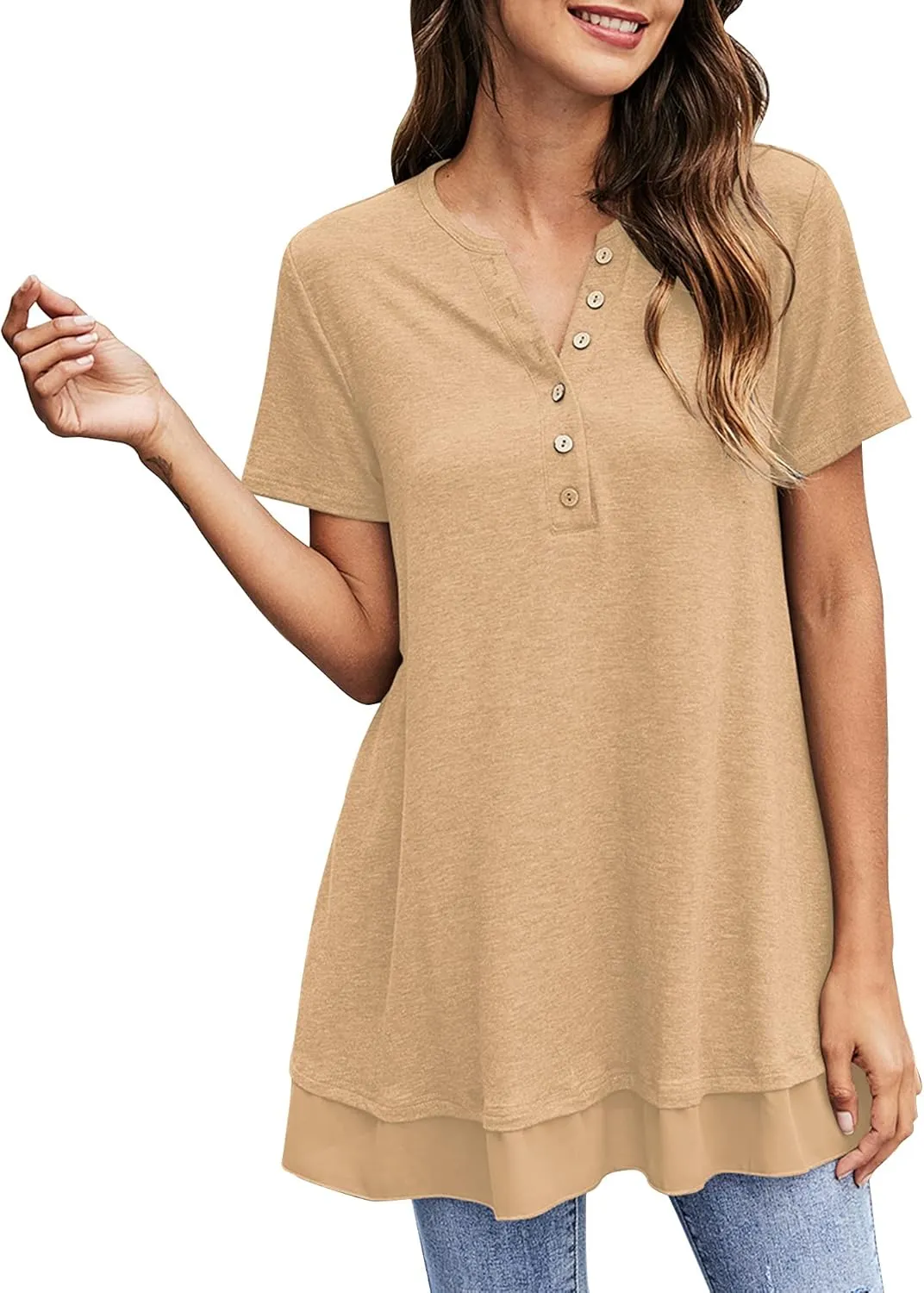Women's Tunic Tops For Leggings Casual Loose V Neck Buttons Up Blouse With Chiffon Hem