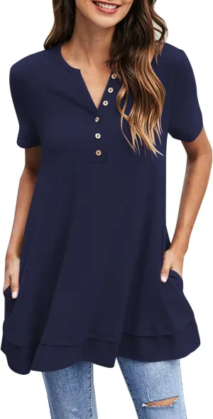Women's Tunic Tops For Leggings Casual Loose V Neck Buttons Up Blouse With Chiffon Hem