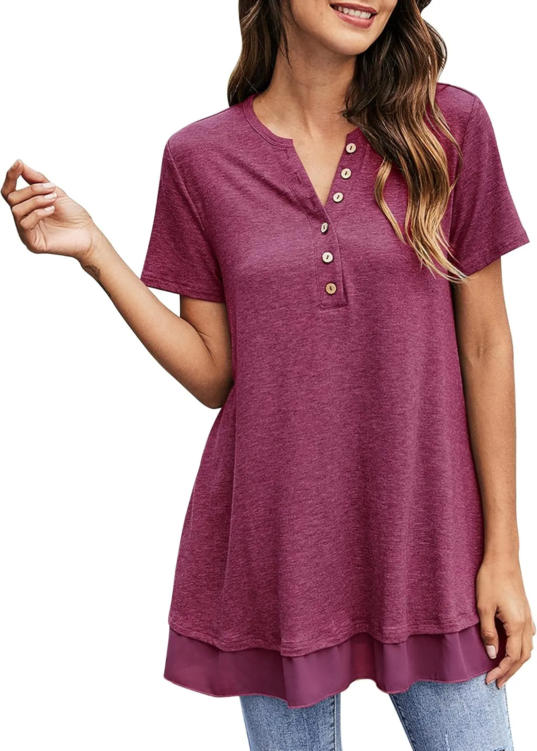 Women's Tunic Tops For Leggings Casual Loose V Neck Buttons Up Blouse With Chiffon Hem