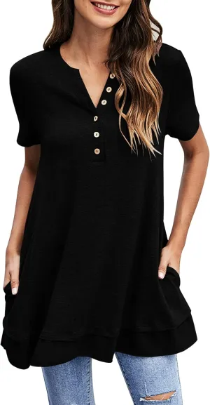 Women's Tunic Tops For Leggings Casual Loose V Neck Buttons Up Blouse With Chiffon Hem