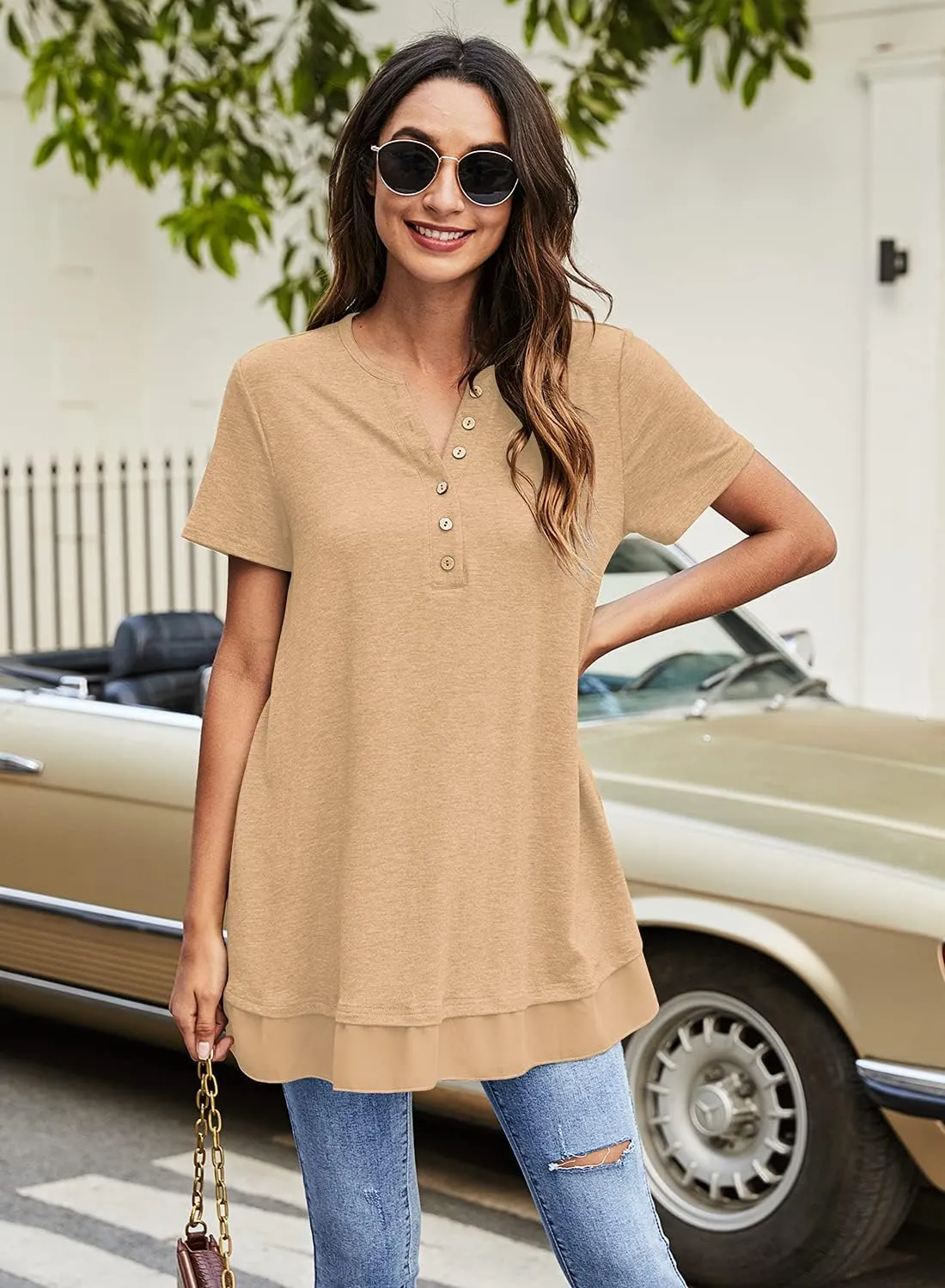 Women's Tunic Tops For Leggings Casual Loose V Neck Buttons Up Blouse With Chiffon Hem
