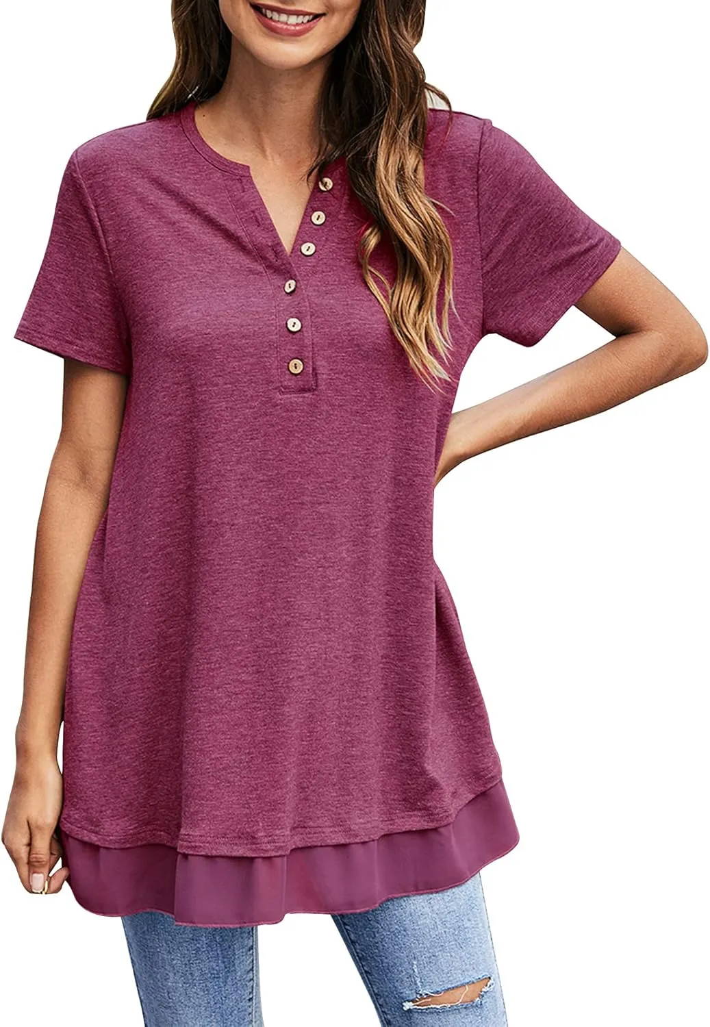 Women's Tunic Tops For Leggings Casual Loose V Neck Buttons Up Blouse With Chiffon Hem