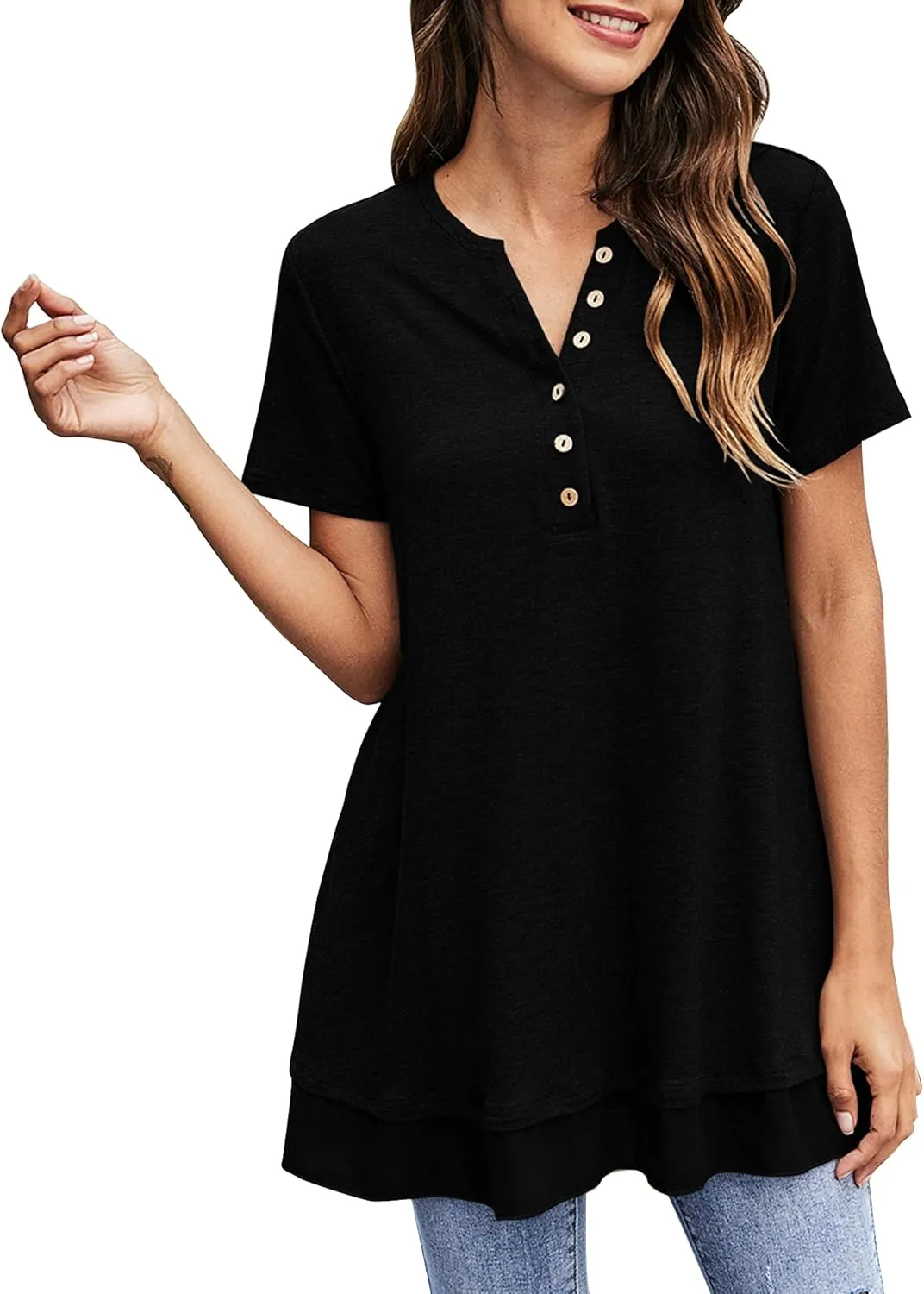 Women's Tunic Tops For Leggings Casual Loose V Neck Buttons Up Blouse With Chiffon Hem