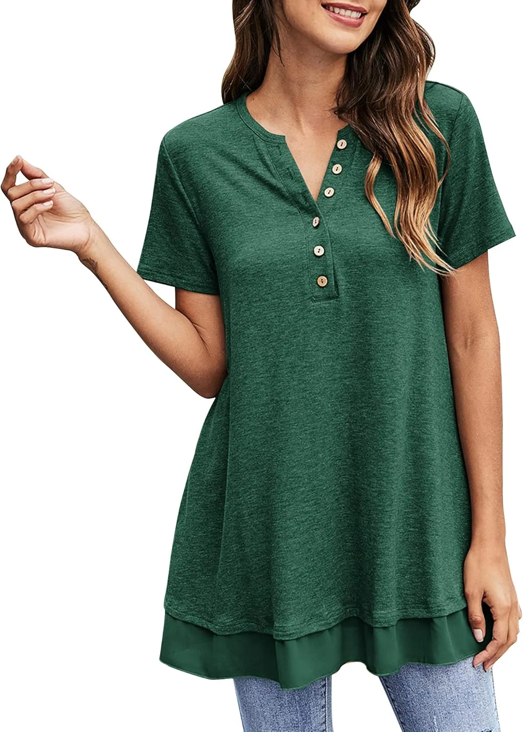 Women's Tunic Tops For Leggings Casual Loose V Neck Buttons Up Blouse With Chiffon Hem