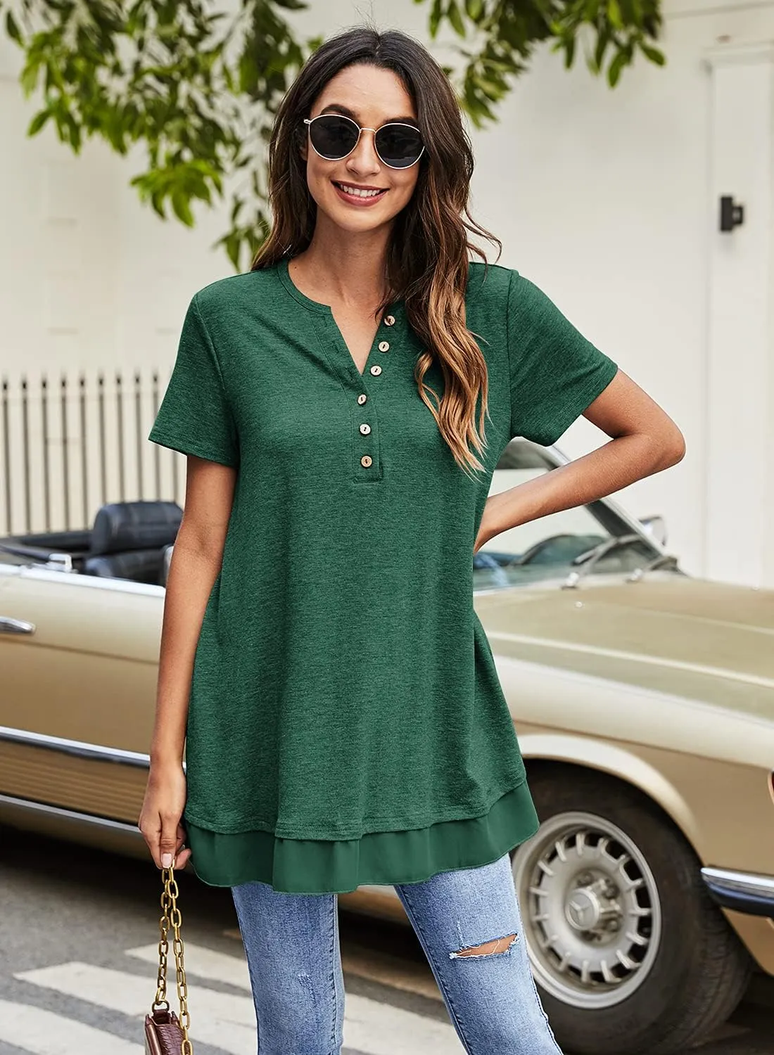 Women's Tunic Tops For Leggings Casual Loose V Neck Buttons Up Blouse With Chiffon Hem