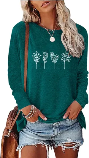 Women's Vintage Floral Printed Long Sleeve Crewneck Graphic T Shirt Side Split Casual Pullover Tunic Tops