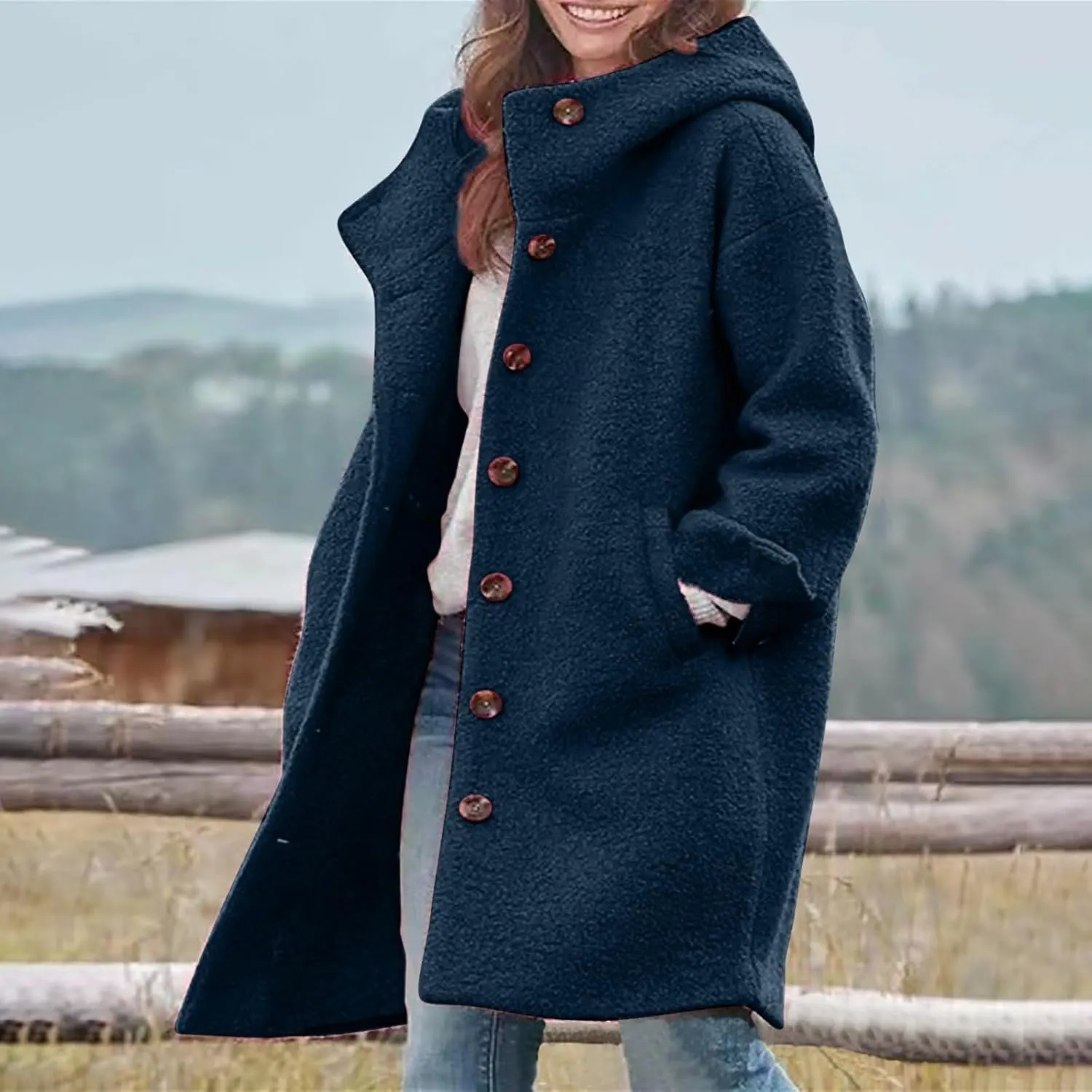 Women's Winter Single Breasted Long Thicken Wool Pea Coat with Hood Casual Wool Blend Trench Coat Jacket