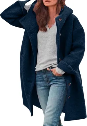 Women's Winter Single Breasted Long Thicken Wool Pea Coat with Hood Casual Wool Blend Trench Coat Jacket