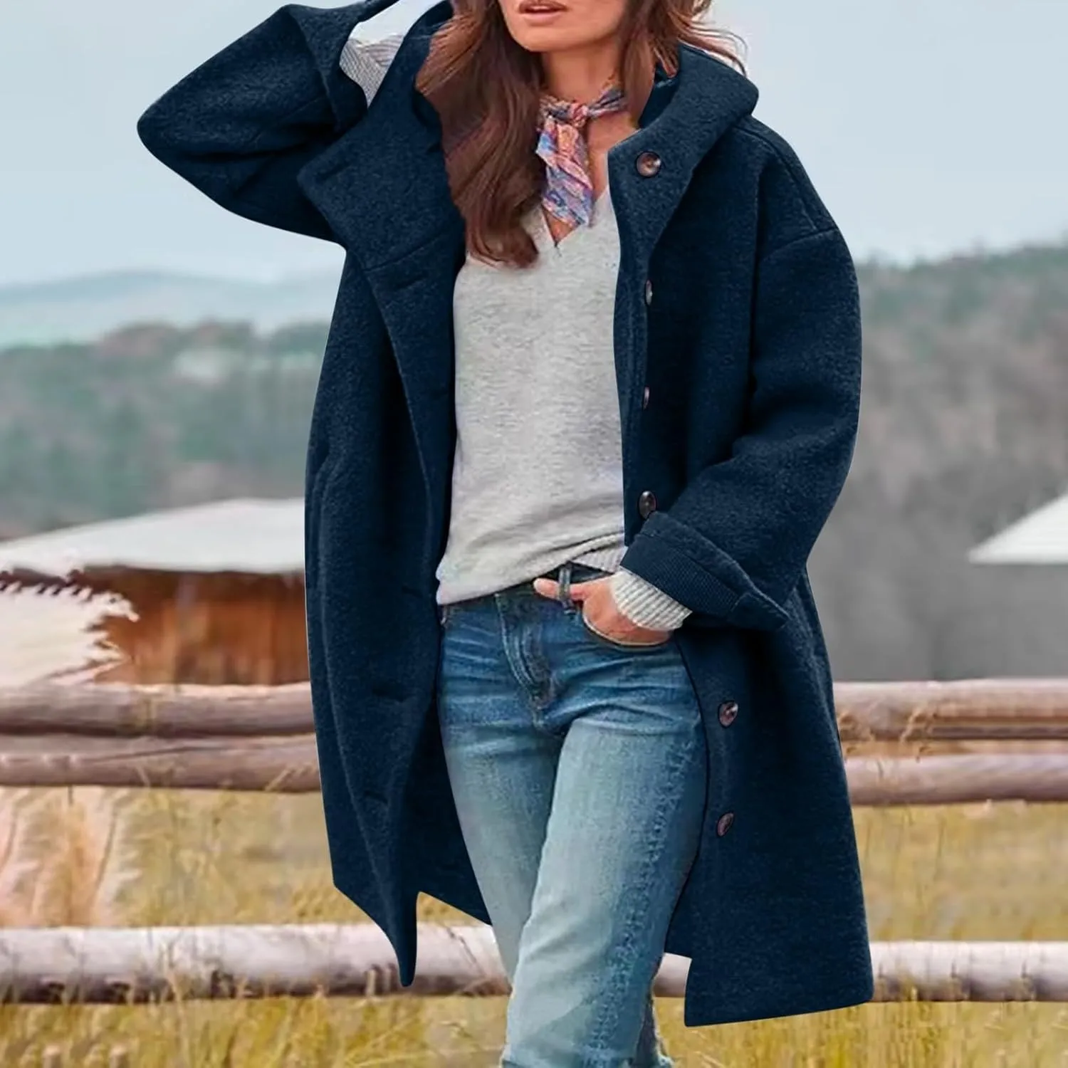 Women's Winter Single Breasted Long Thicken Wool Pea Coat with Hood Casual Wool Blend Trench Coat Jacket