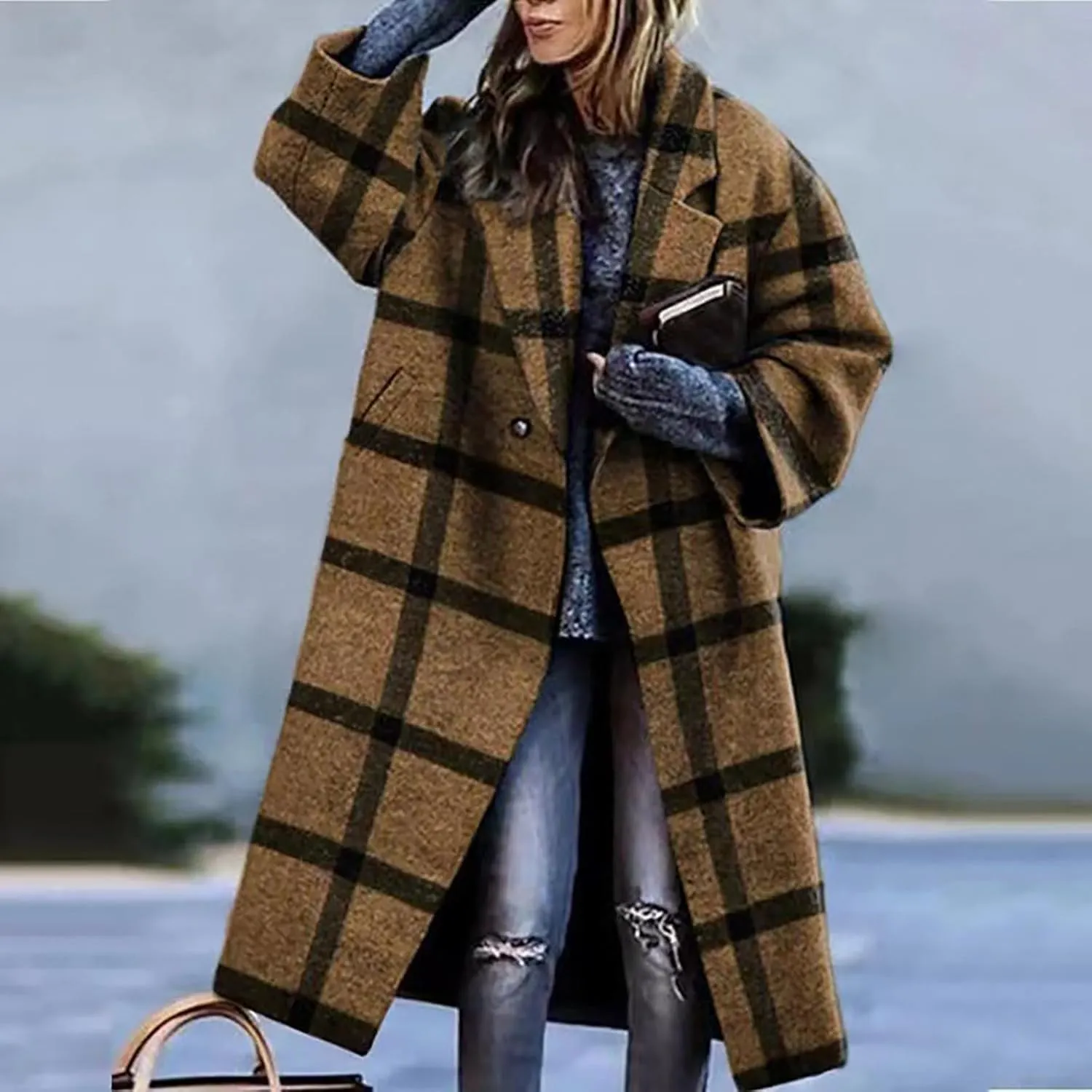 Women's Winter Wool Coat Casual Down Lapel Plush Plaid Coat Loose Long Coat Coat for Women Woman Coat Women's