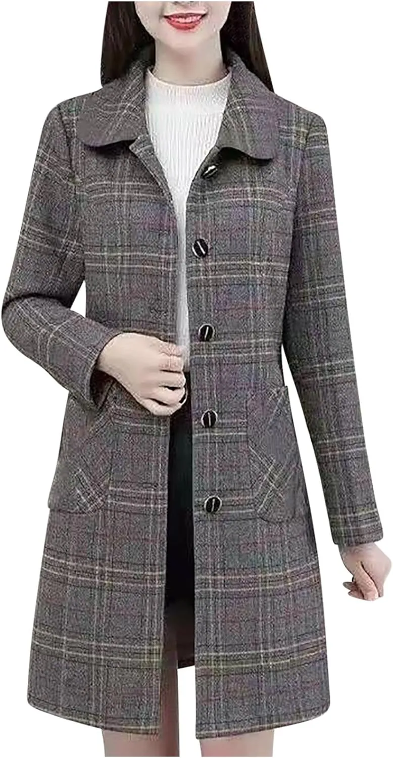 Womens Wool Blend Trench Coat 2024 Winter Elegant Single Breasted Peacoats Maxi Length Elegant Overcoat With Pockets