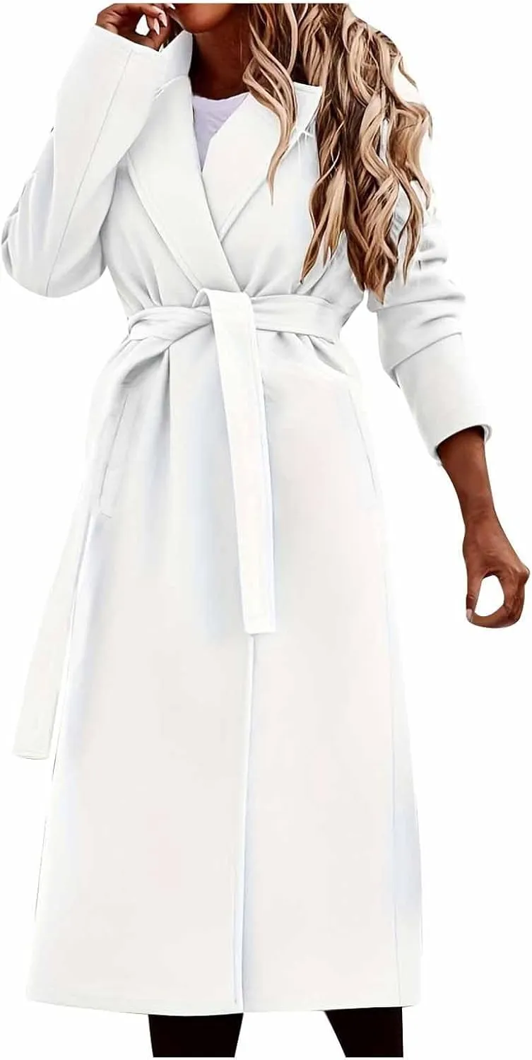 Womens Wool Blend Trench Coats Business Casual Tie Waist Jackets Long Sleeve Notched Lapel Collar Work Pea Coats