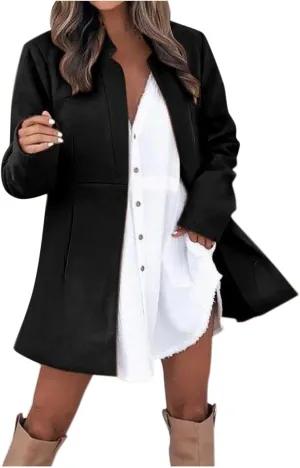 Womens Wool Coats Casual Open Front Notch Lapel Trench Coat Elegant Mid-Long Warm Winter Pea Coats Overcoat
