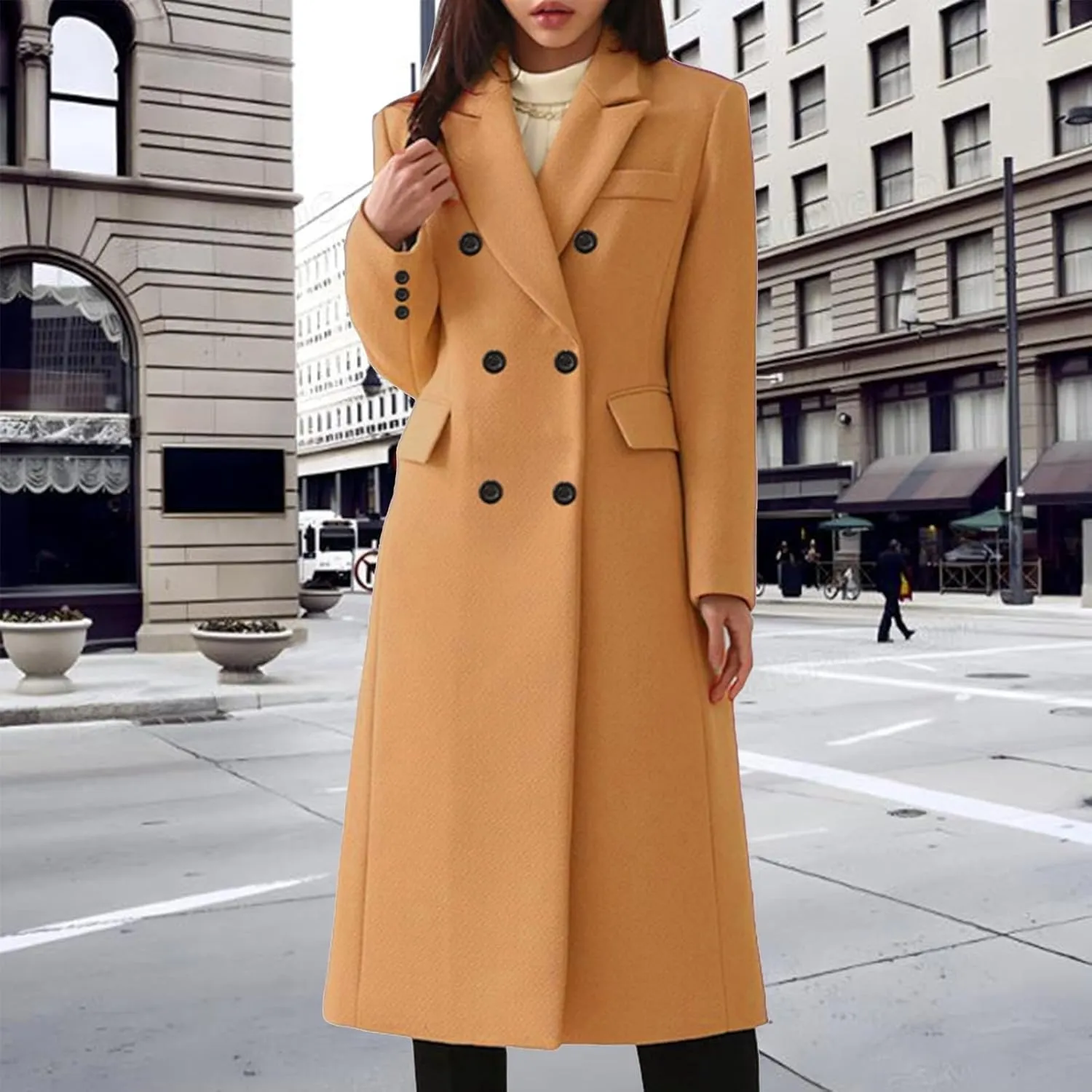 Women's Wool Pea Coat Double Breasted Trench Coat Winter Lapel Long Jacket Overcoat with Pockets Fall Fashion for Women