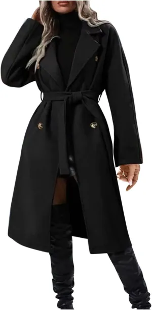 Womens Wool Trench Coat Notched Collar Double-Breast Oversized Pea Coats Thicken Warm Winter Overcoats Jackets