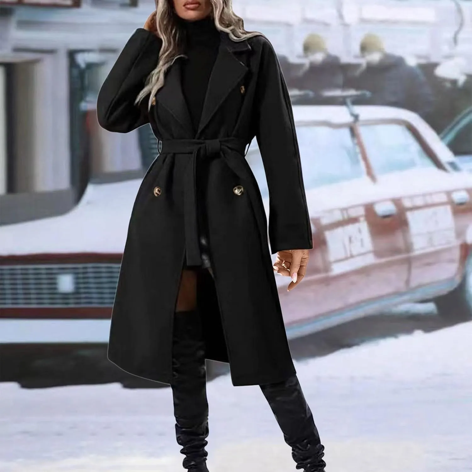 Womens Wool Trench Coat Notched Collar Double-Breast Oversized Pea Coats Thicken Warm Winter Overcoats Jackets