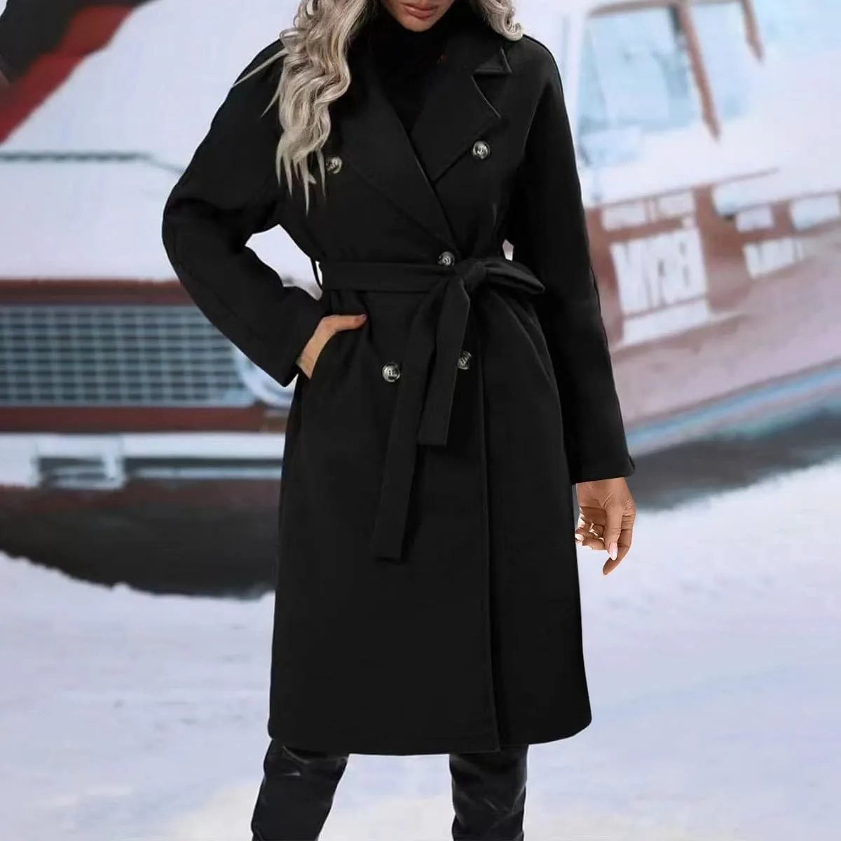 Womens Wool Trench Coat Notched Collar Double-Breast Oversized Pea Coats Thicken Warm Winter Overcoats Jackets