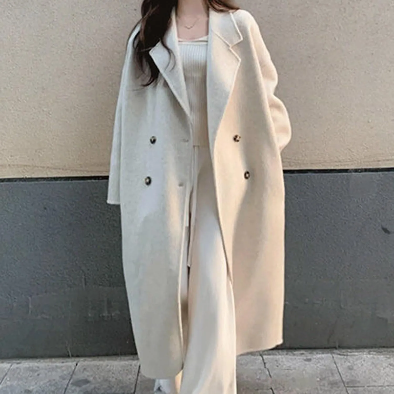 Womens Wool Trench Coat Winter Warm Wool Blend Pea Coat Double Breasted Notched Lapel Oversized Long Jackets