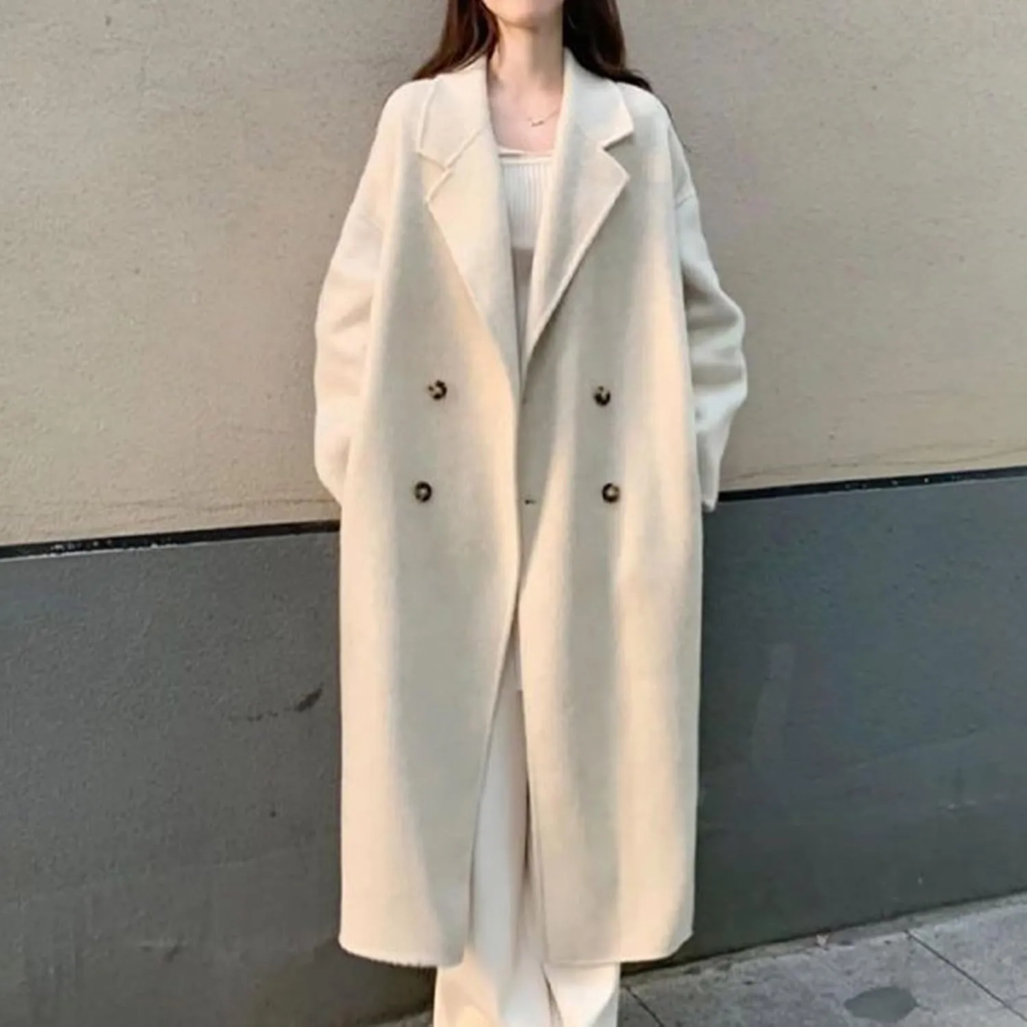 Womens Wool Trench Coat Winter Warm Wool Blend Pea Coat Double Breasted Notched Lapel Oversized Long Jackets