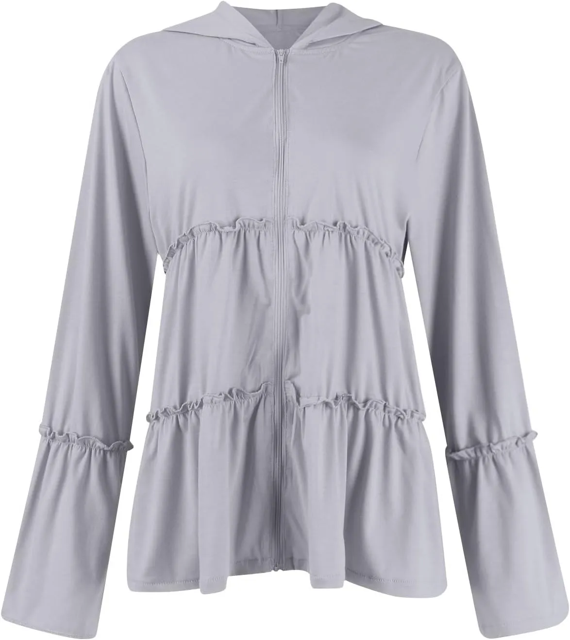 Womens Zip Up Hoodies Lightweight Pleated Tiered Hooded Sweatshirt Casual Long Sleeve Ruffle Pullover Sweaters