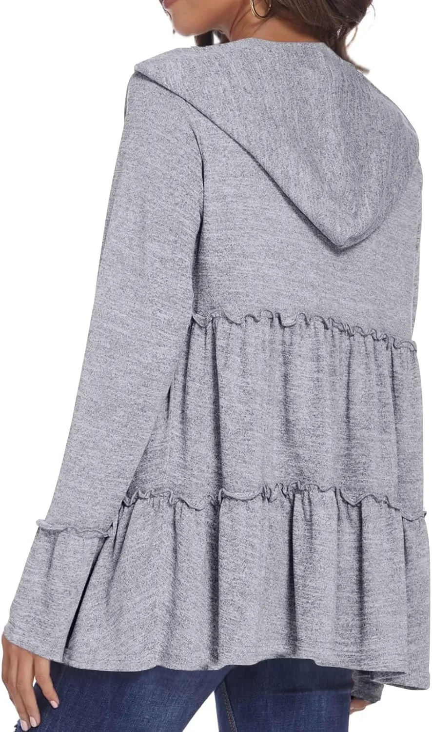 Womens Zip Up Hoodies Lightweight Pleated Tiered Hooded Sweatshirt Casual Long Sleeve Ruffle Pullover Sweaters