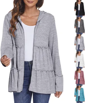 Womens Zip Up Hoodies Lightweight Pleated Tiered Hooded Sweatshirt Casual Long Sleeve Ruffle Pullover Sweaters