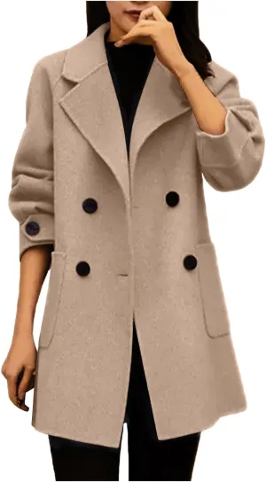 Wool Coats for Women Elegant Notched Lapel Collar Double-Breasted Trench Coat Mid Long Length Office Pea Coats