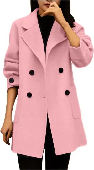 Wool Coats for Women Elegant Notched Lapel Collar Double-Breasted Trench Coat Mid Long Length Office Pea Coats