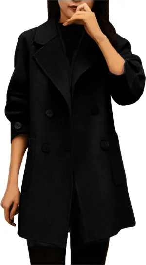 Wool Coats for Women Elegant Notched Lapel Collar Double-Breasted Trench Coat Mid Long Length Office Pea Coats