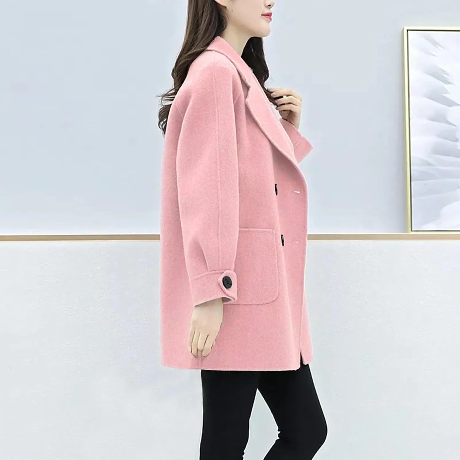 Wool Coats for Women Elegant Notched Lapel Collar Double-Breasted Trench Coat Mid Long Length Office Pea Coats