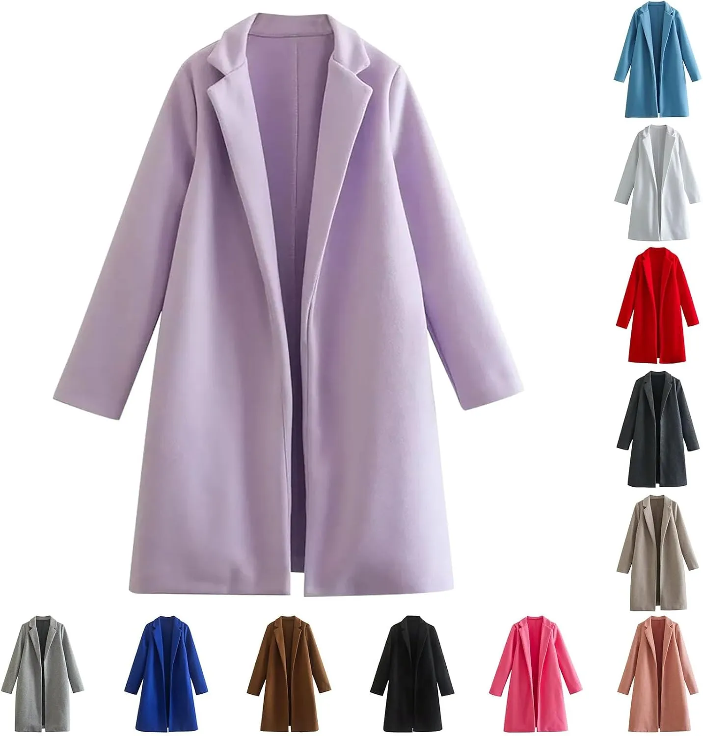 Wool Coats for Women Notched Lapel Open Front Pea Coats Winter Warm Mid Long Thicken Trench Caot Jackets Outwear